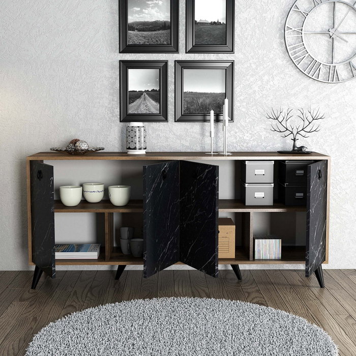 Hanah Home Consola Elite 1618, Mueble de Salón 180x80x45cm, Nogal y Mármol Negro, Diseño Bohemia y Antracita, Melamina 18mm